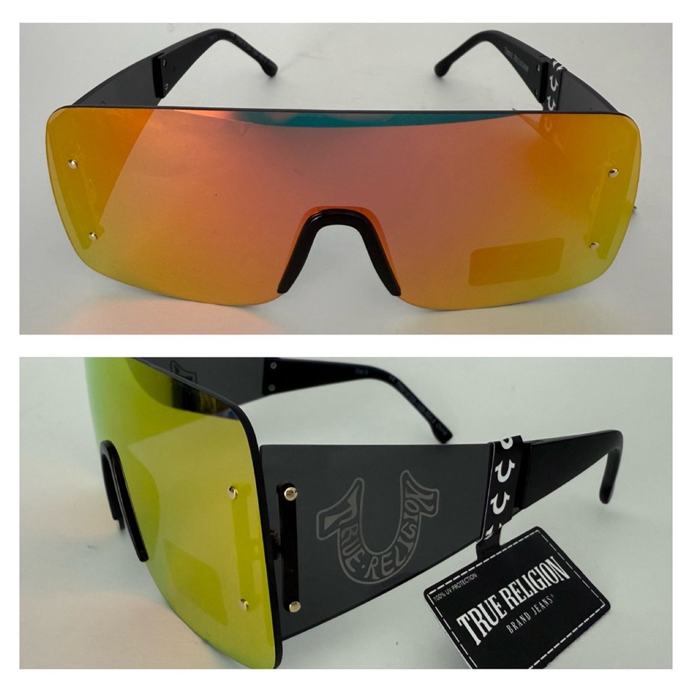 NEW TRUE RELIGION Shield Blue Mirror Rimless Sunglasses Orange Black Yellow